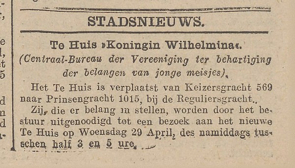 Keizersgracht 569 1914 Tehuis Wilhelmina verhuisd Het nieuws van den dag 28-04-1914