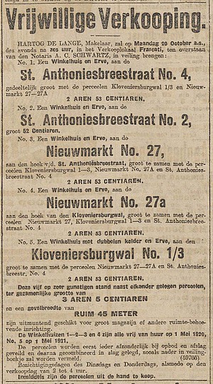 Kloveniersburgwal 01 1919 Veiling Algemeen Handelsblad 20-09-1919