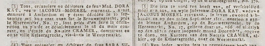 1811 JW Cramer oproep Affiches  annonces et avis divers d  Amsterdam 16-12-1811