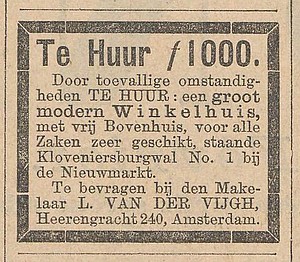 Kloveniersburgwal 01 1894 te huur Het nieuws van den dag 12-02-1894